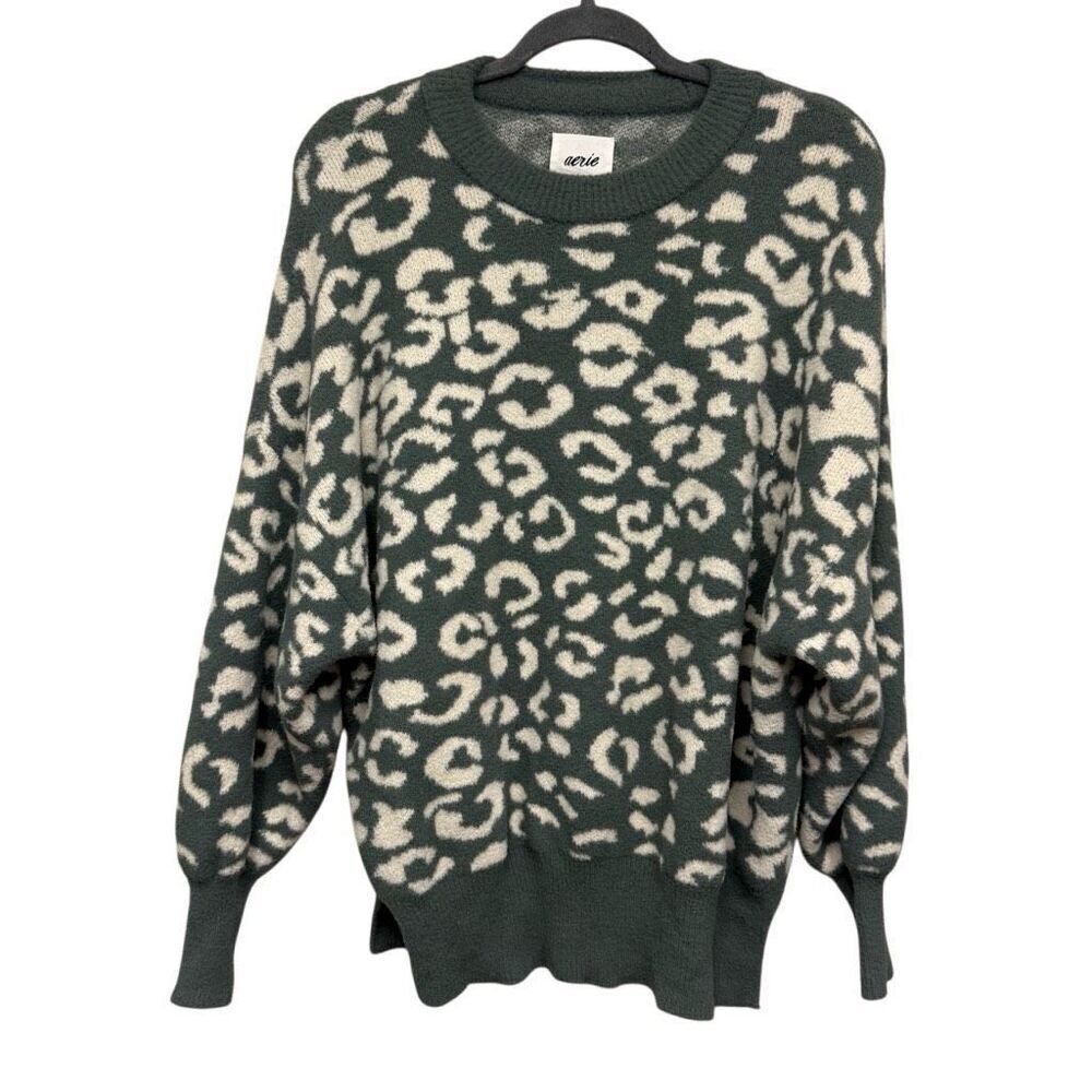 Aerie leopard sage green and white print crew neck soft sweater size medium